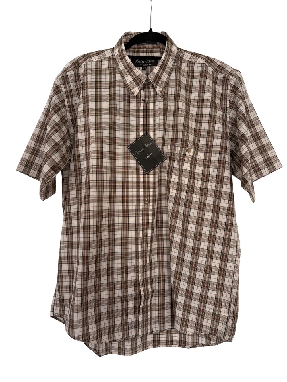 NWT Arrow "Easy Care" Brown Plaid Short Sleeve Button Down Shirt - Men's Large